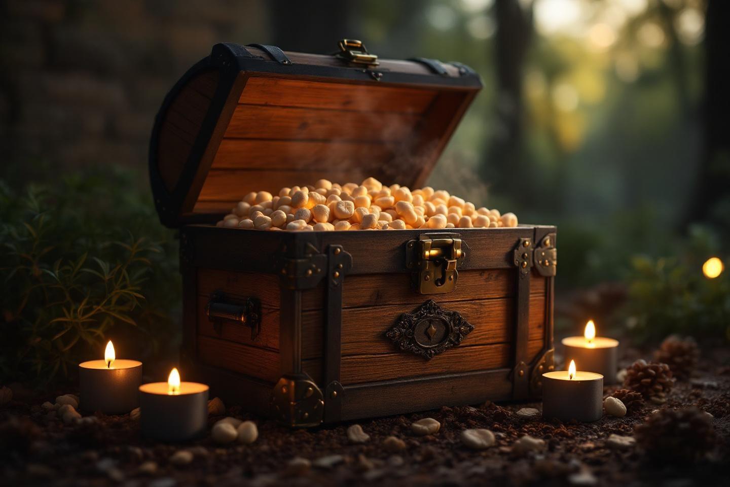 Coffre en bois ouvert, rempli de pi&egrave;ces, entour&eacute; de bougies