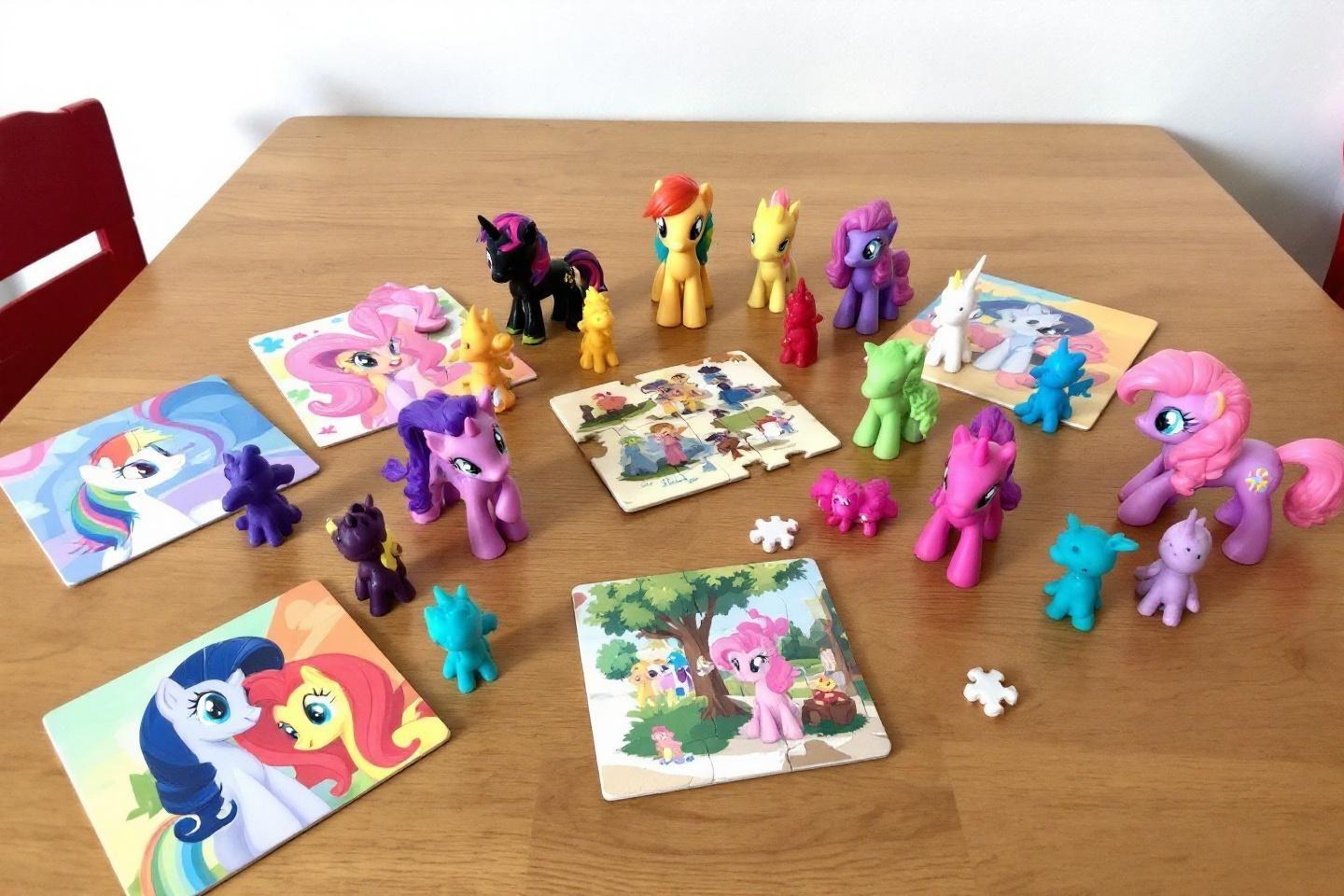 Plusieurs figurines de poneys colorés avec des puzzles sur une table