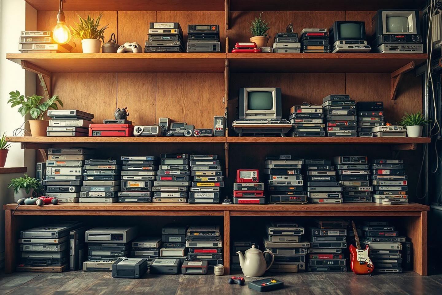 &Eacute;tag&egrave;res remplies d'anciens magn&eacute;toscopes, ordinateurs et &eacute;lectronique