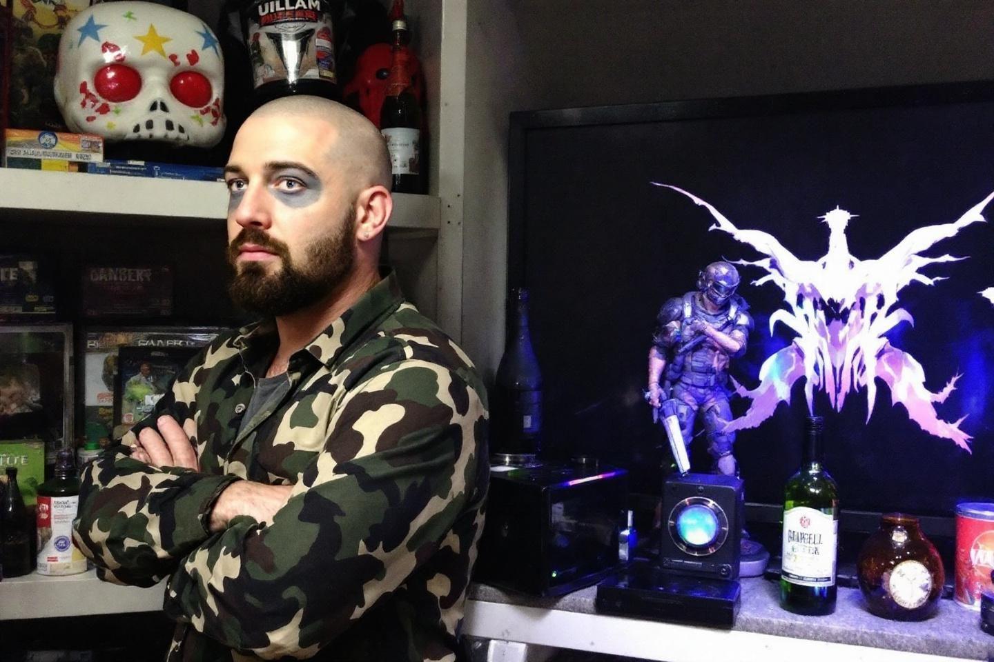 Homme barbu en treillis militaire entouré de figurines