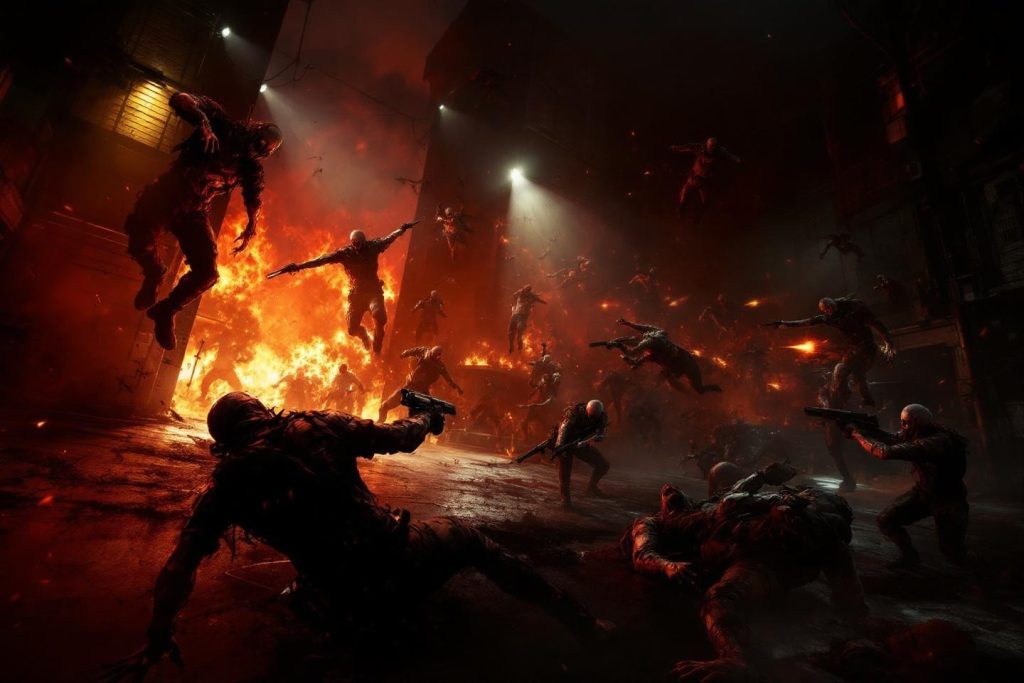 Scène de bataille chaotique avec combattants et explosion de feu