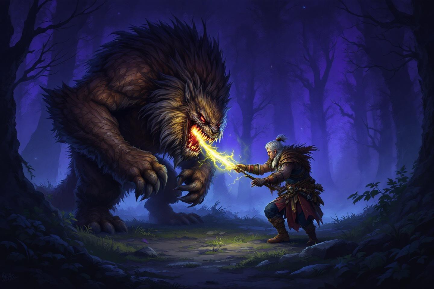 Guerrier affronte monstre féroce avec attaque magique lumineuse