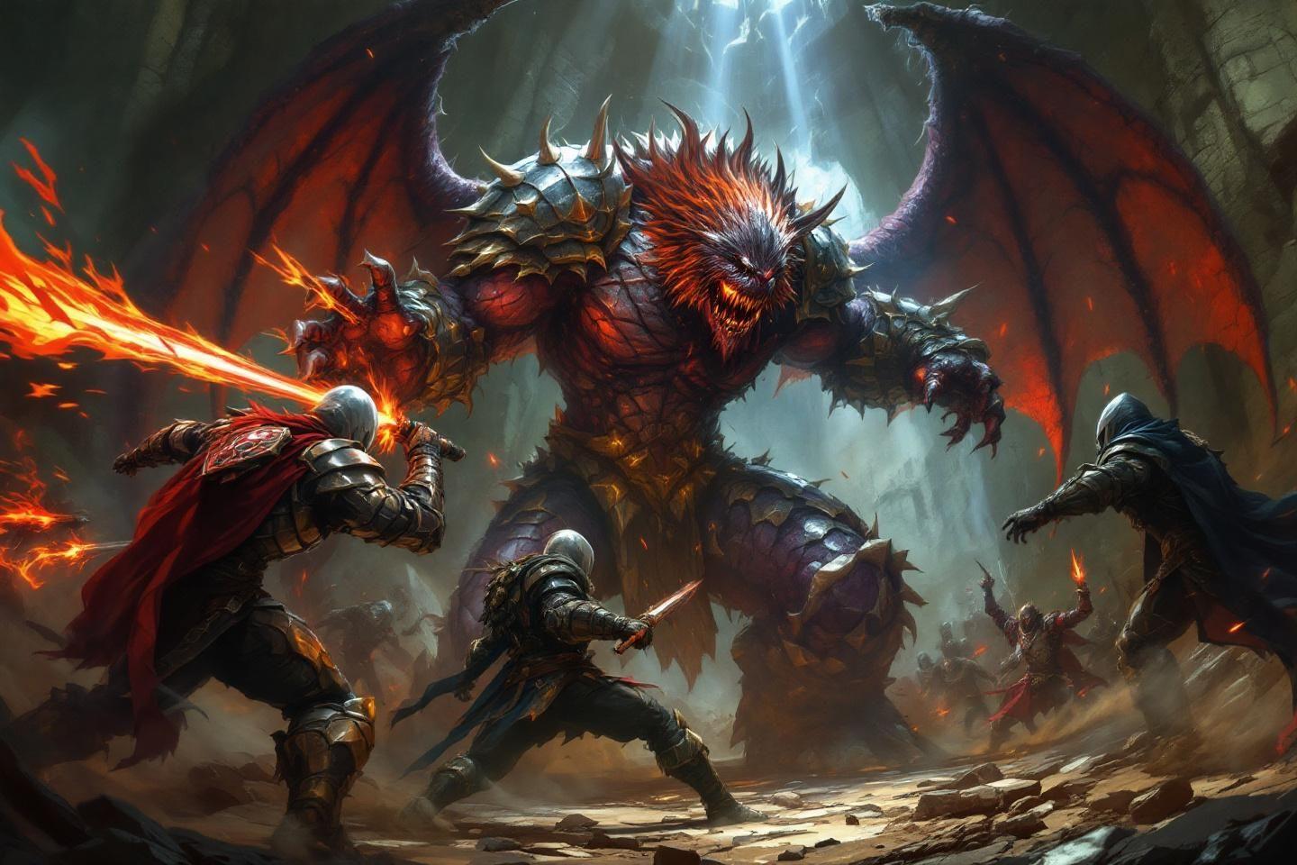 Guerriers en armure face &agrave; un monstre d&eacute;moniaque ail&eacute;