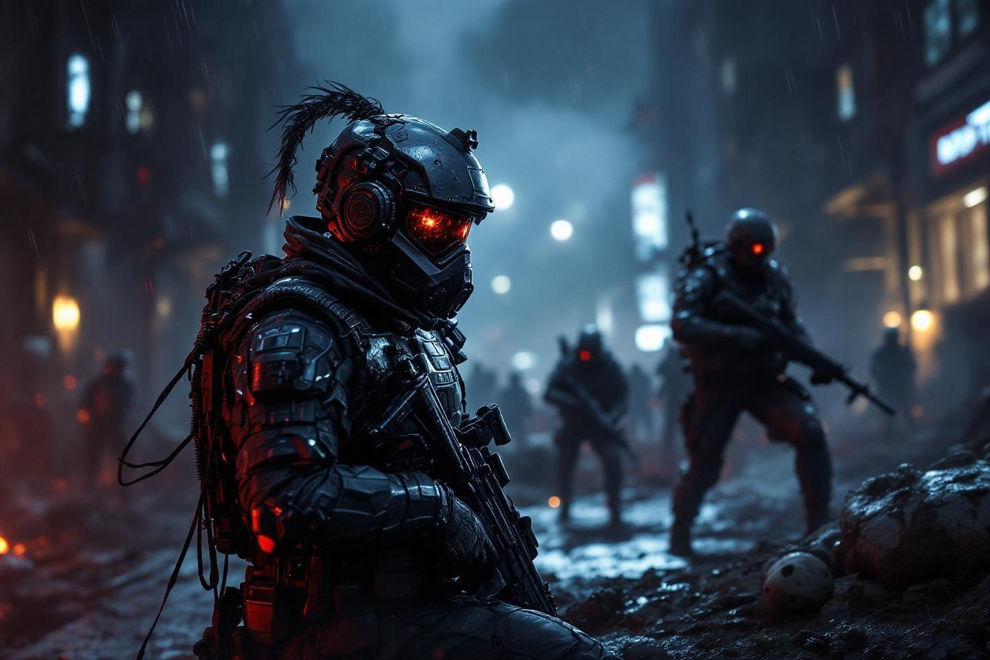 Soldats robotisés dans une ville sombre et apocalyptique