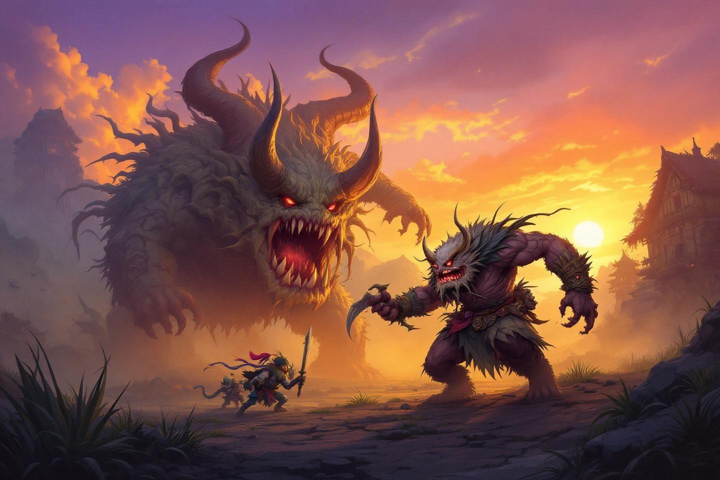 Deux cr&eacute;atures monstrueuses affrontant un petit guerrier au coucher du soleil