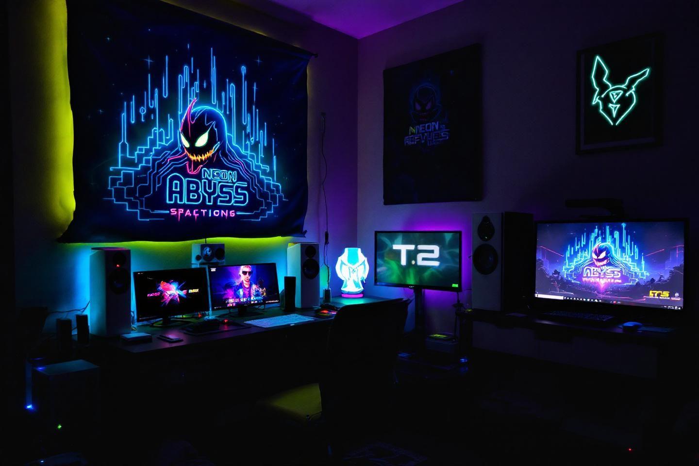 Poste de jeu sombre avec éclairage néon bleu et violet