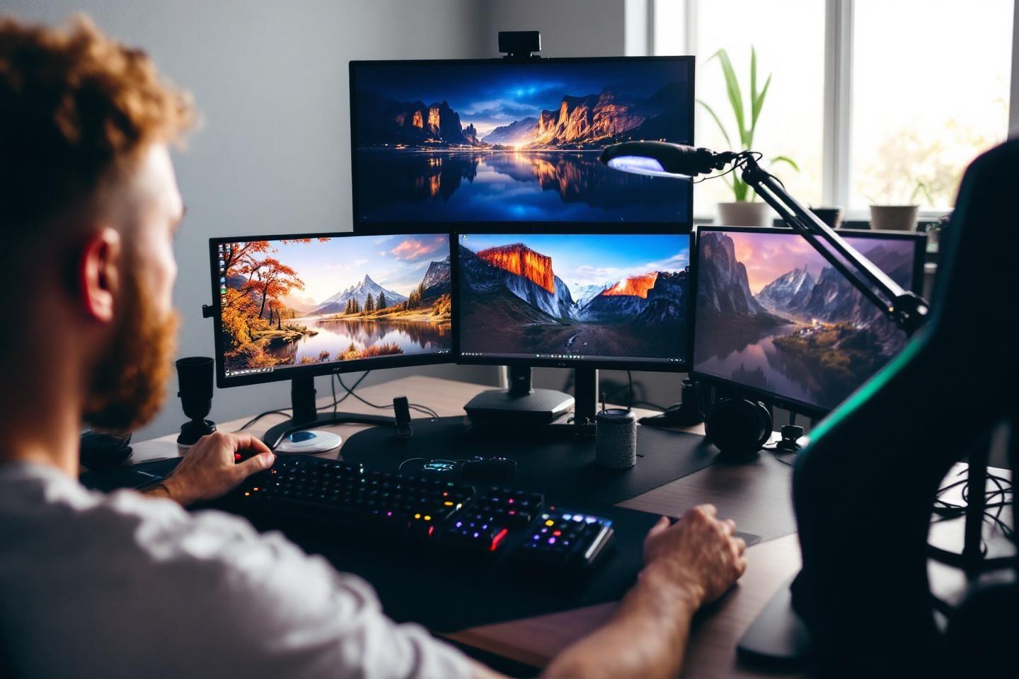 Écrans multiples affichant des paysages montagneux et lacustres