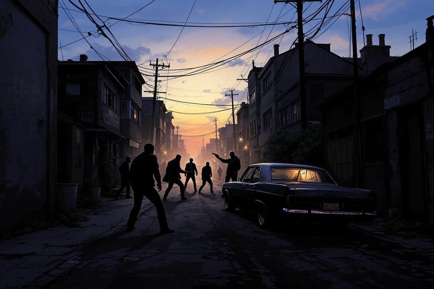 Silhouettes mena&ccedil;antes dans une rue sombre au coucher du soleil