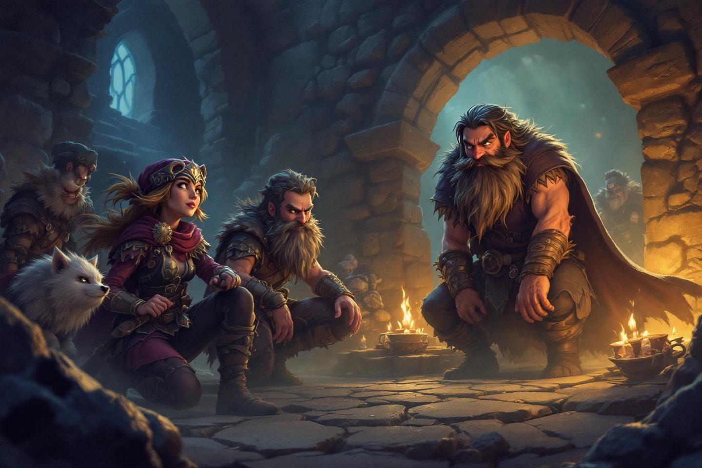 Groupe de nains barbus r&eacute;unis autour de bougies dans un souterrain