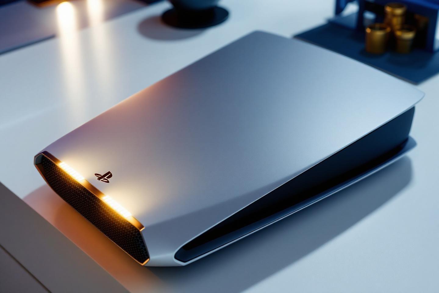 Console PlayStation blanche &eacute;l&eacute;gante avec &eacute;clairage ambr&eacute;