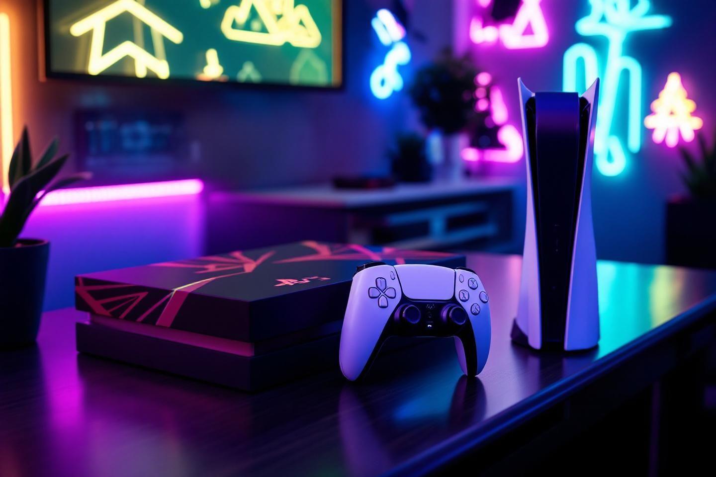 Console PS5 et manette blancs dans un décor lumineux coloré