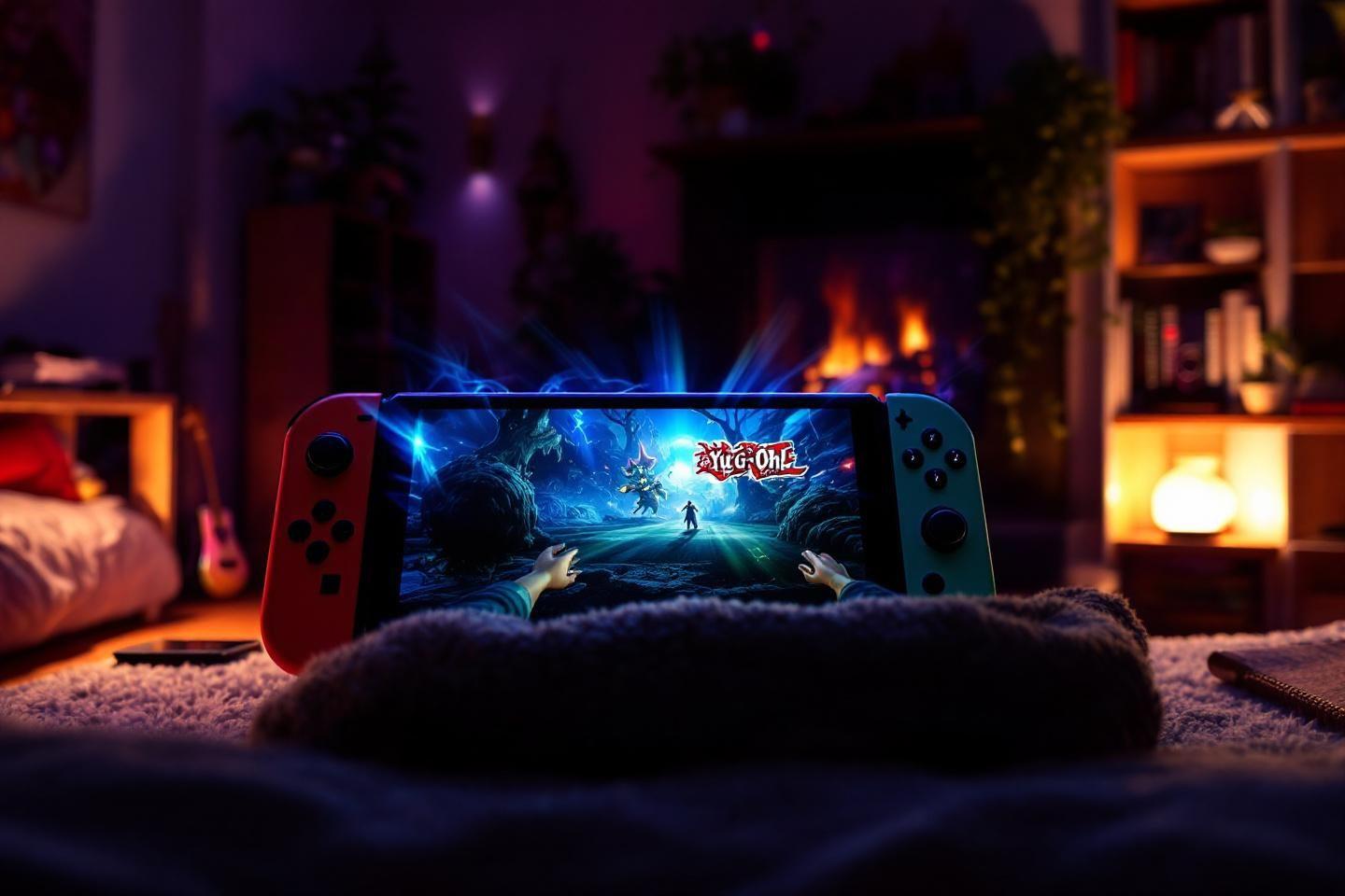 Nintendo Switch jouant un jeu Yu-Gi-Oh dans un cadre chaleureux