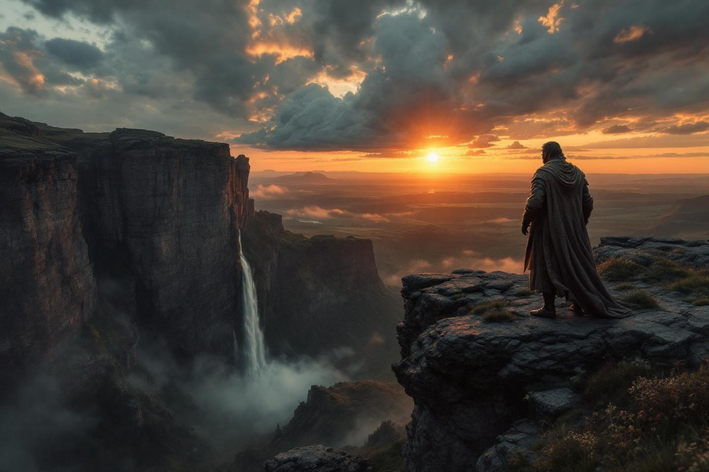 Silhouette solitaire devant cascade et lever de soleil grandiose