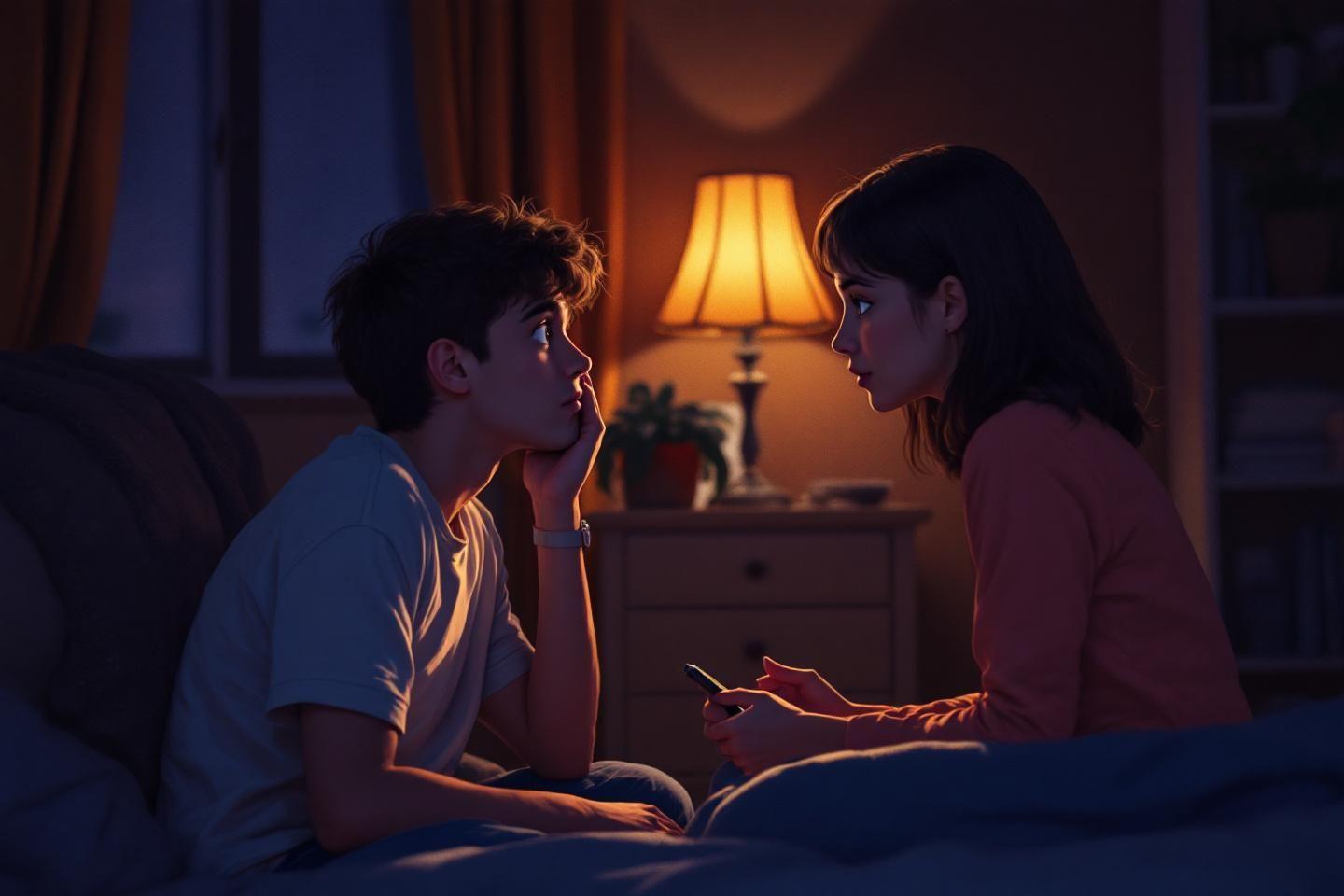 Deux personnes discutant la nuit pr&egrave;s d'une lampe