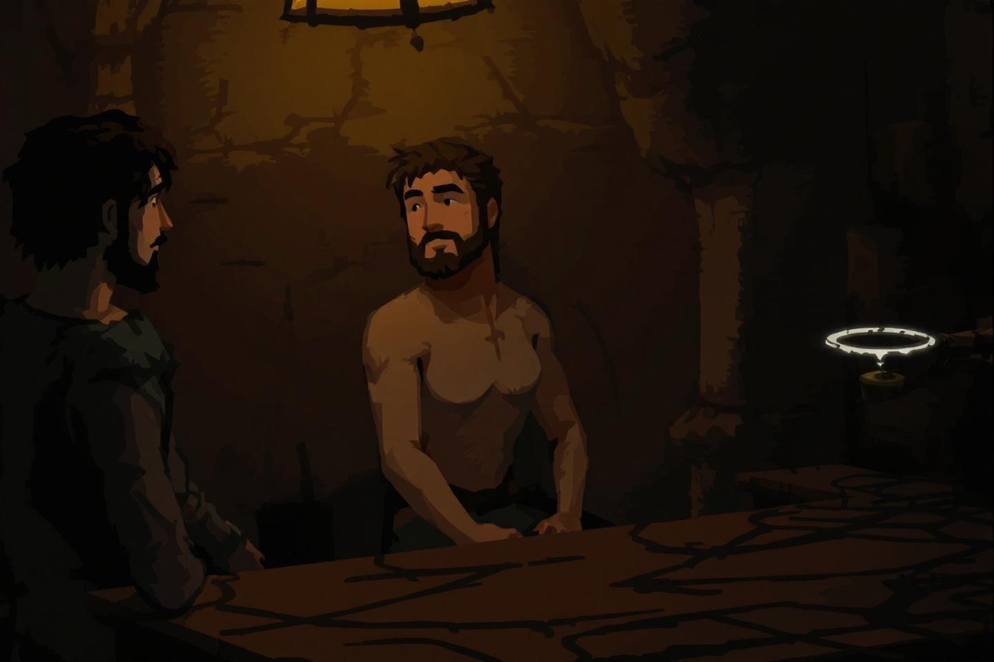 Deux hommes discutant dans une pi&egrave;ce sombre et myst&eacute;rieuse