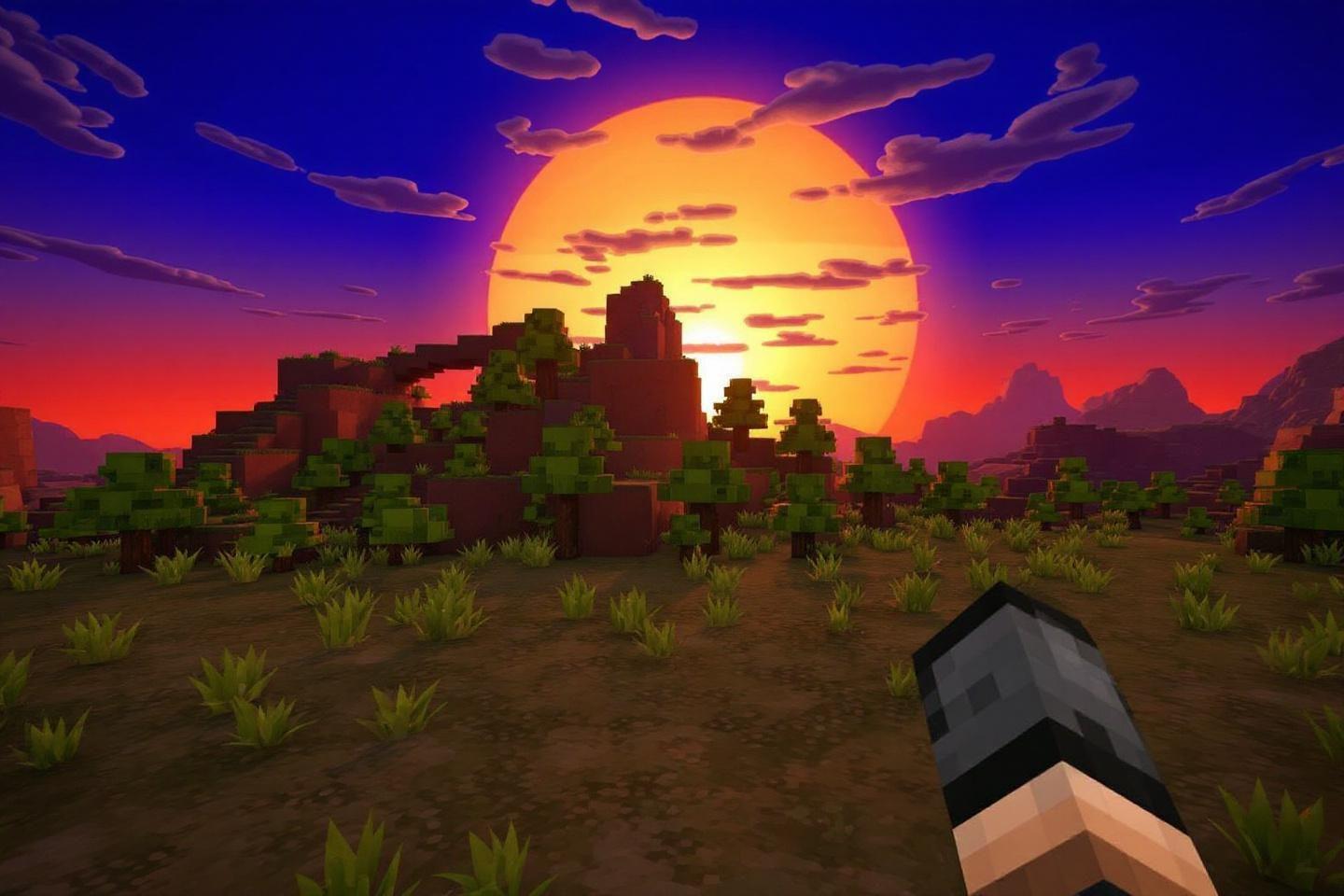 Paysage minecraft avec soleil orange et montagnes vertes