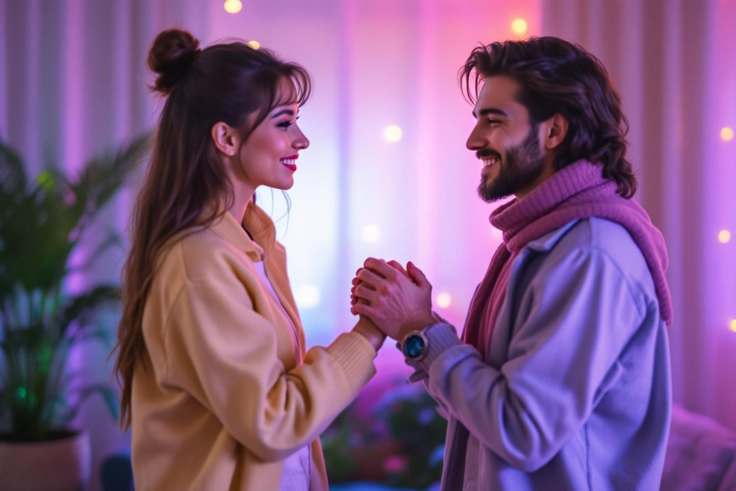 Deux personnes se tenant la main, &eacute;clairage rose doux