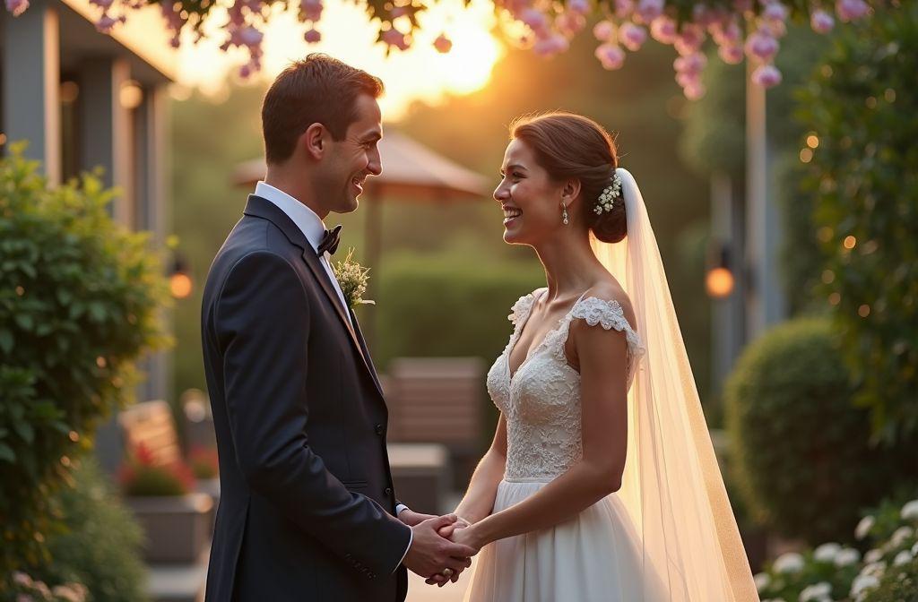 Mari&eacute;s &eacute;l&eacute;gants se tenant la main, lumi&egrave;re dor&eacute;e