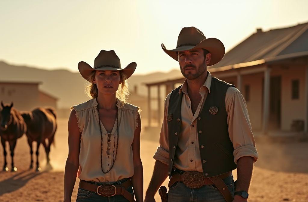 Deux cow-boys avec des chapeaux au coucher du soleil