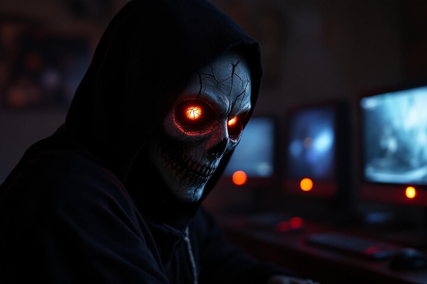 Silhouette sombre avec un crâne lumineux et des yeux rouges