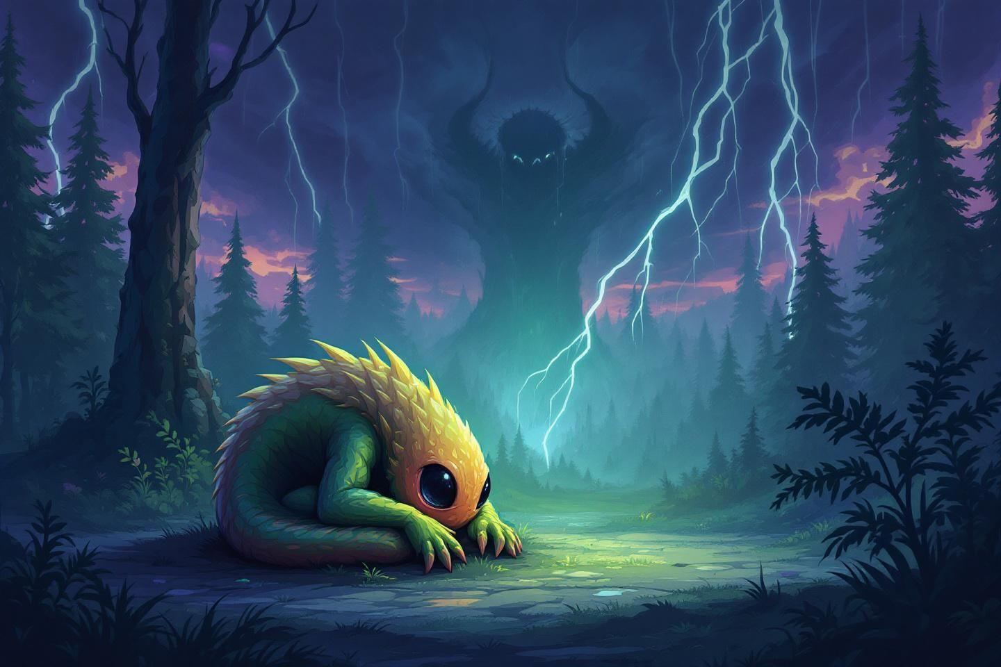 Petit monstre mignon recroquevill&eacute; sous des &eacute;clairs dans une for&ecirc;t sombre
