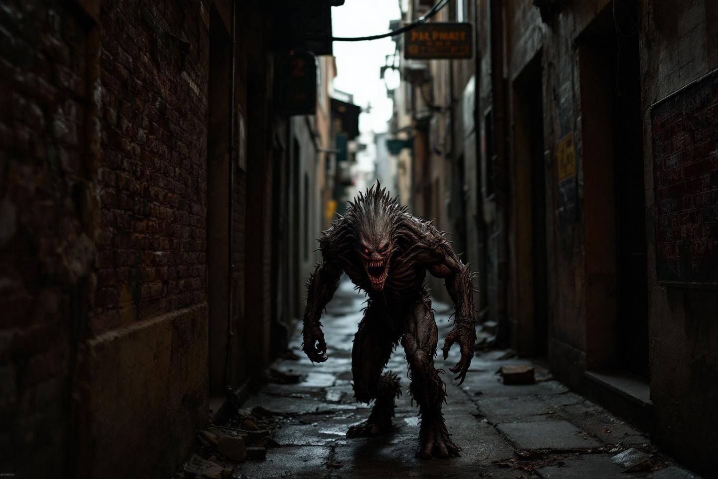 Monstre poilu aux crocs ac&eacute;r&eacute;s dans une ruelle &eacute;troite