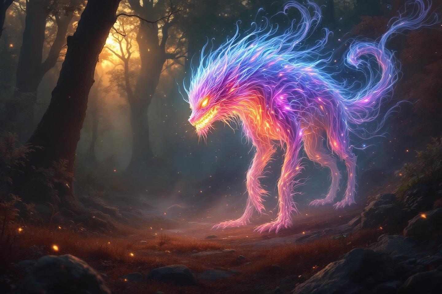 Animal fantastique lumineux aux couleurs spectrales dans un bois sombre