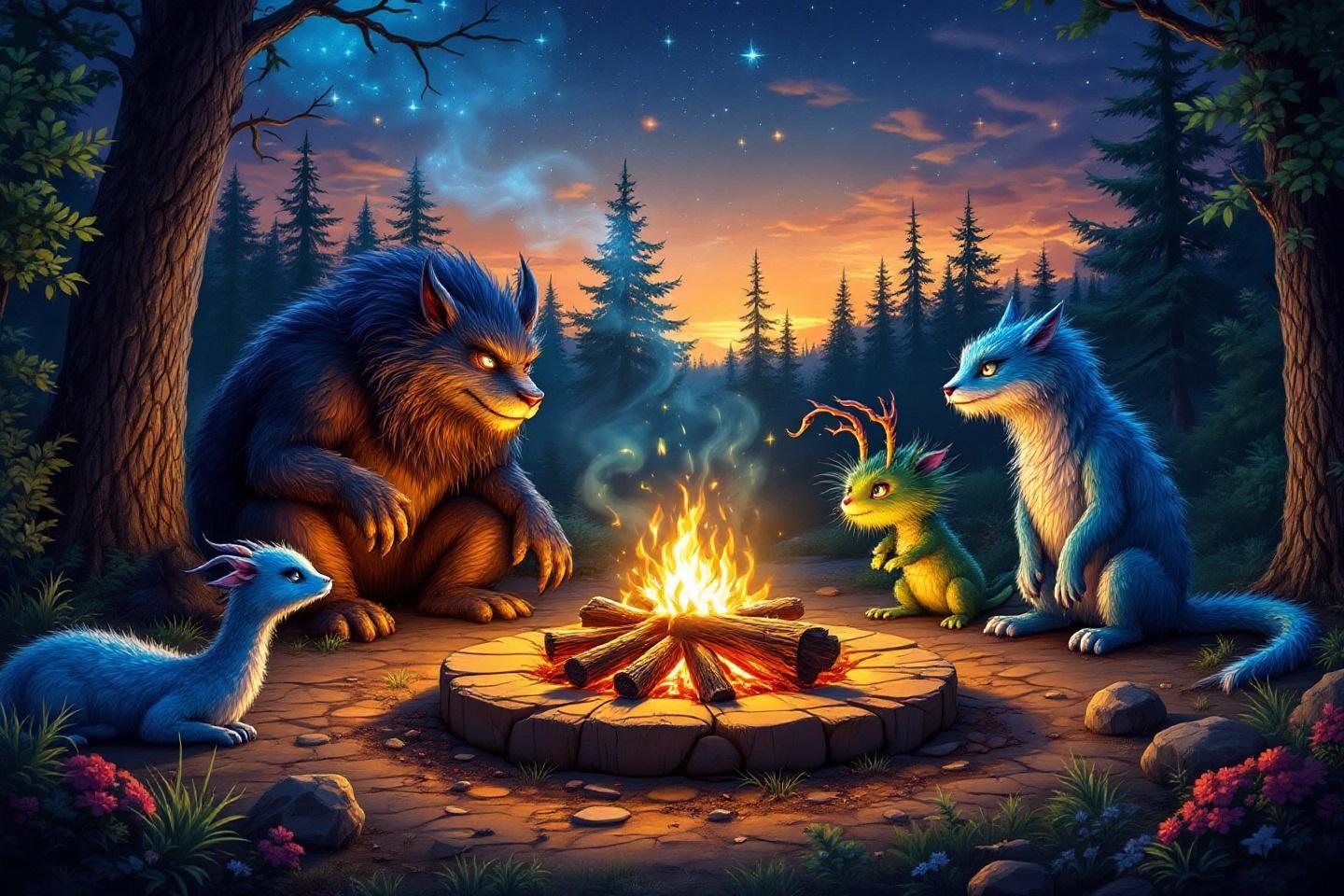 Animaux fantastiques bleus et jaunes réunis près d'un feu de camp