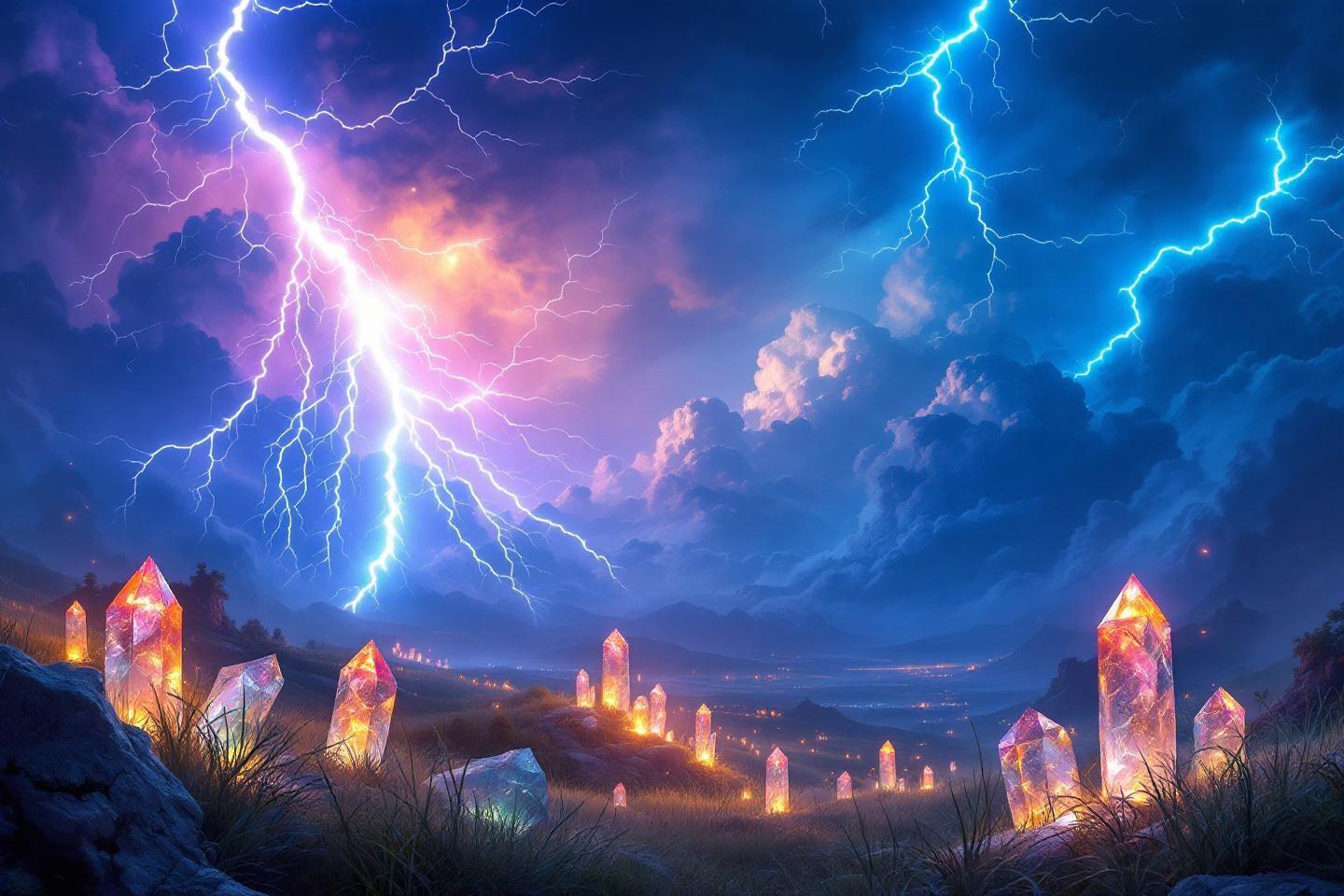 Paysage nocturne avec cristaux lumineux et &eacute;clairs bleus