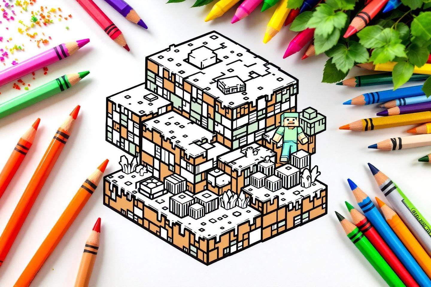 Dessin pixélisé avec personnage et nombreux crayons colorés