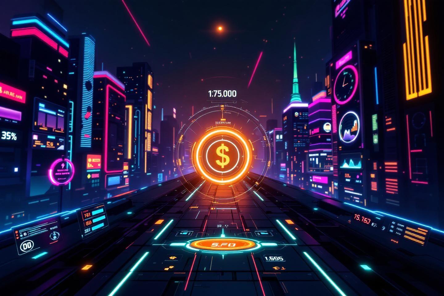 Ville num&eacute;rique avec symbole dollar et graphiques lumineux