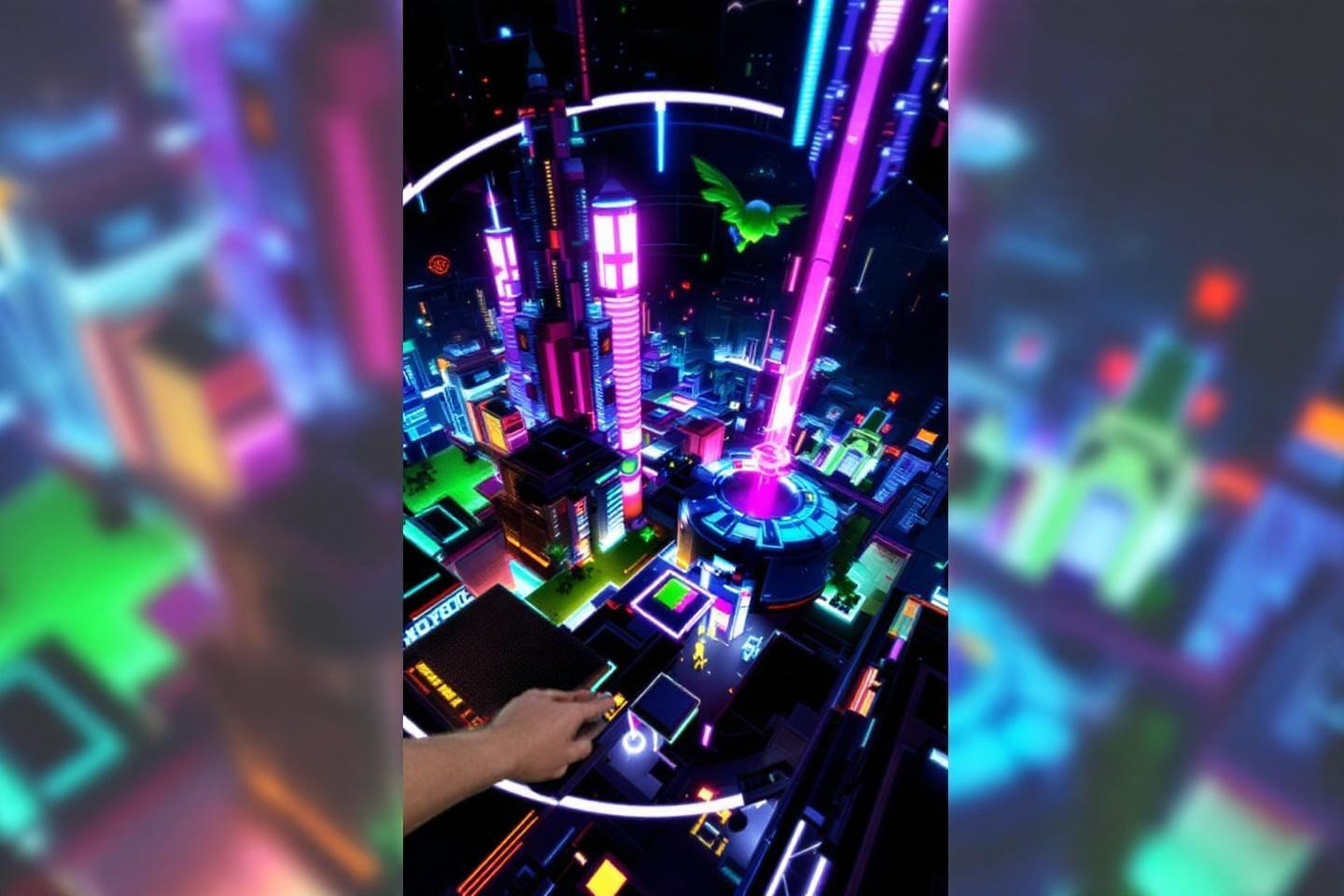 Ville néon colorée avec gratte-ciels et faisceaux lumineux