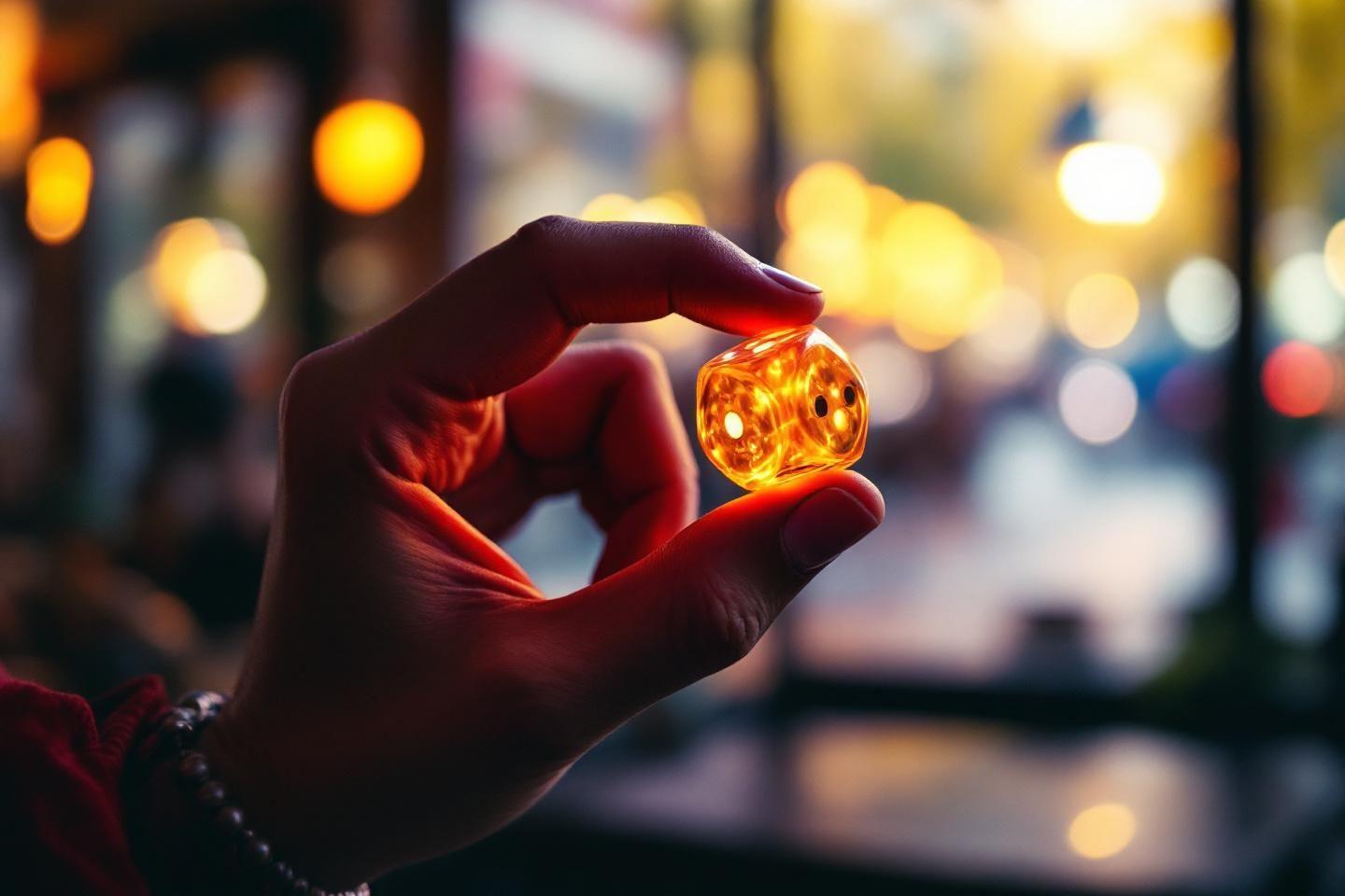 Main tenant un d&eacute; brillant orange sur fond flou