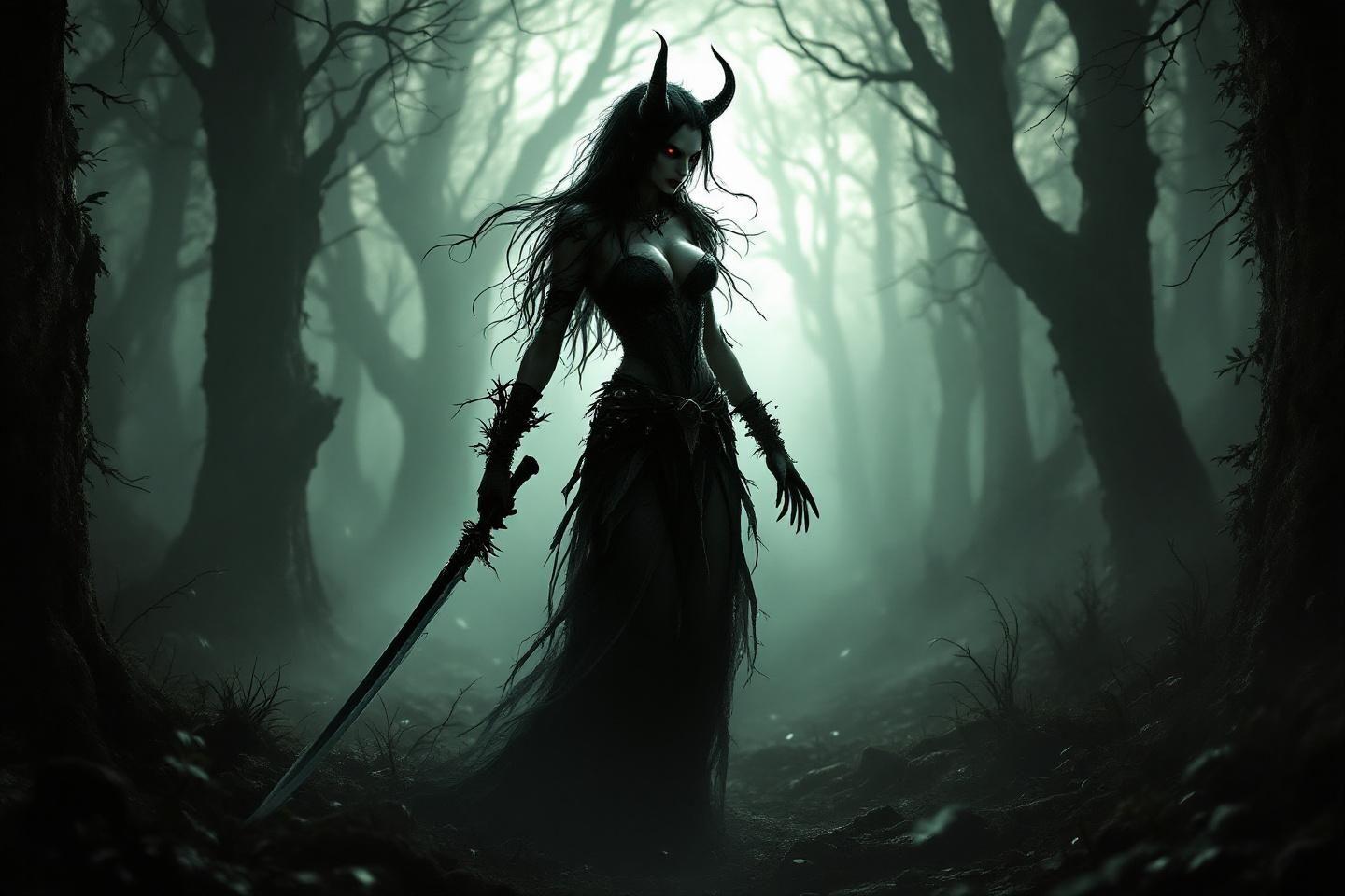 Silhouette menaçante avec épée cornue dans brume forestière