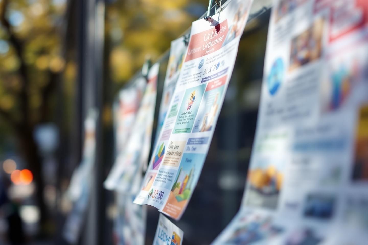 Prospectus color&eacute;s suspendus dans la rue