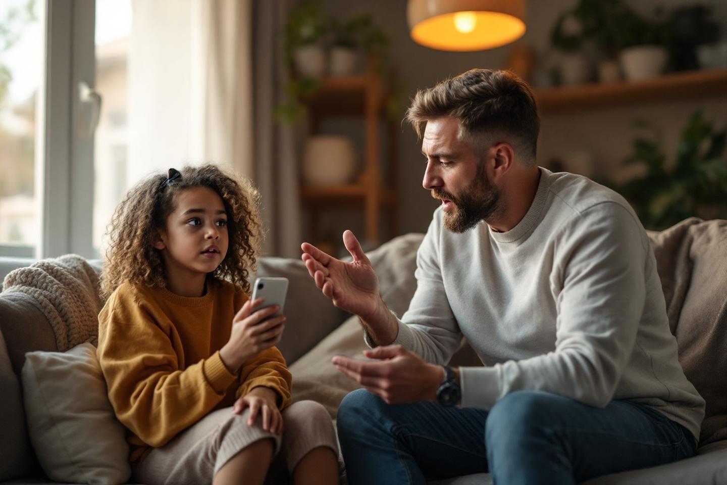 Un parent discute avec sa fille qui tient un t&eacute;l&eacute;phone