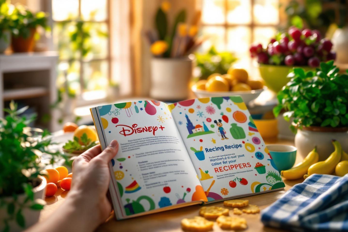 Livre de recettes Disney+ ouvert sur une table de cuisine lumineuse