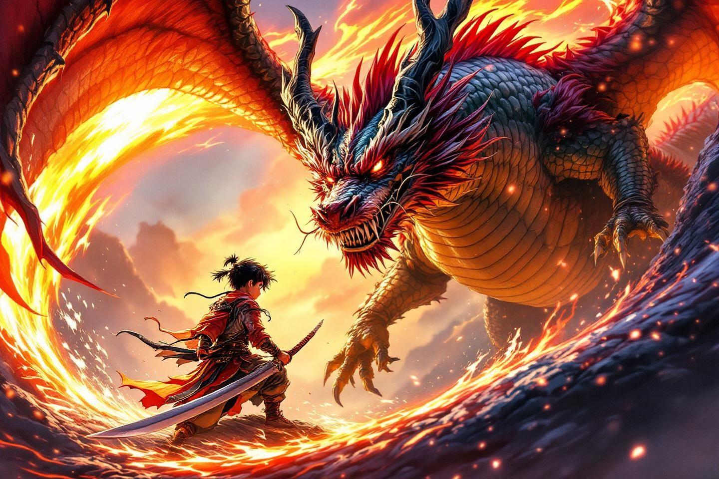 Épique combat entre un dragon enflammé et un guerrier