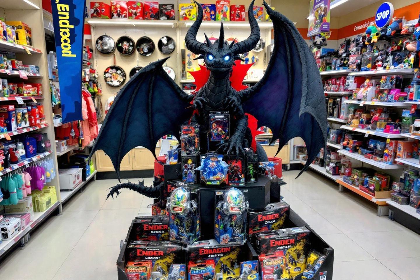 Grande figurine de dragon fantastique entourée de boîtes de jouets