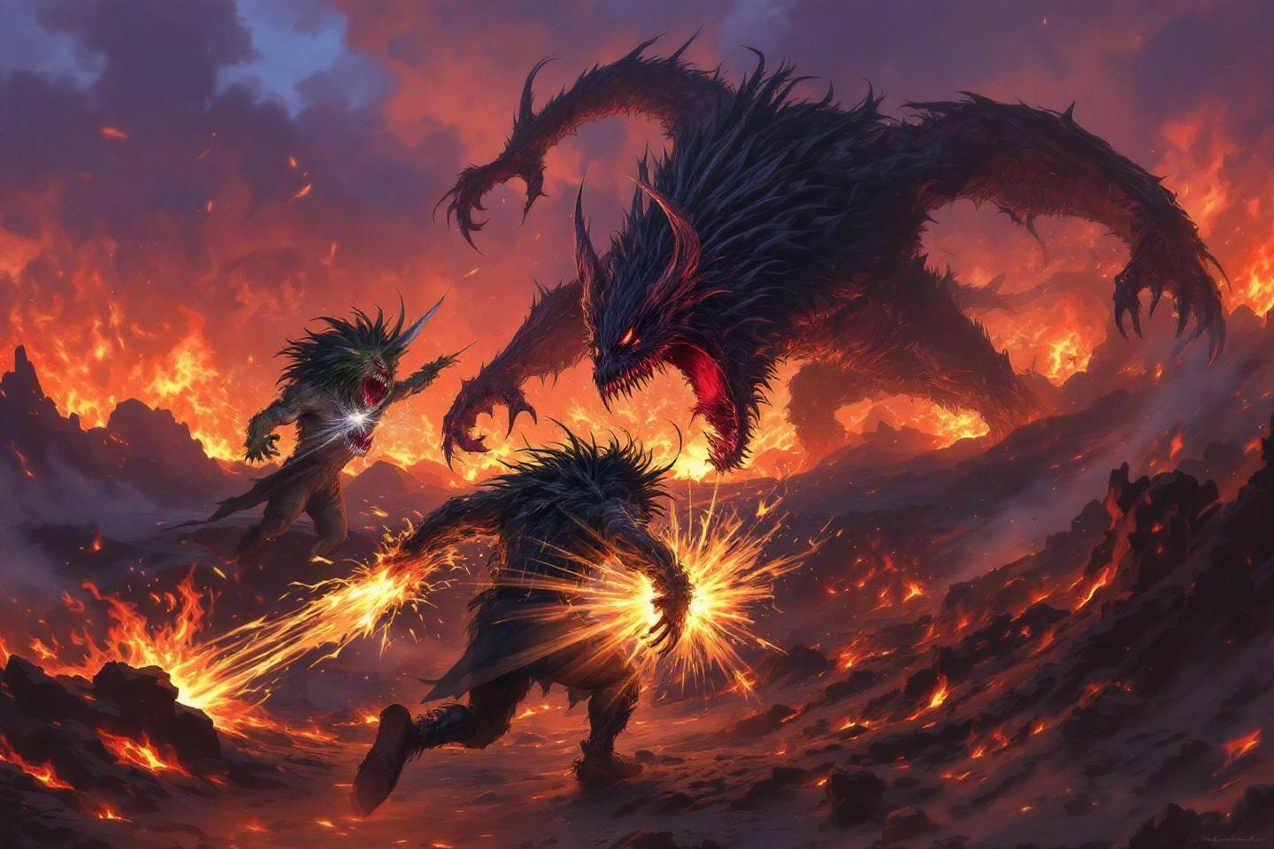 Cr&eacute;atures mystiques affrontant au milieu d'un paysage volcanique en feu