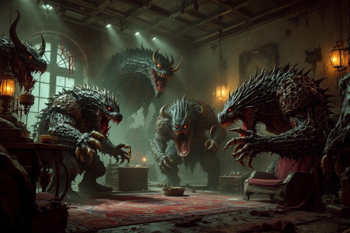 Cr&eacute;atures fantastiques aux yeux rouges dans un int&eacute;rieur gothique sombre