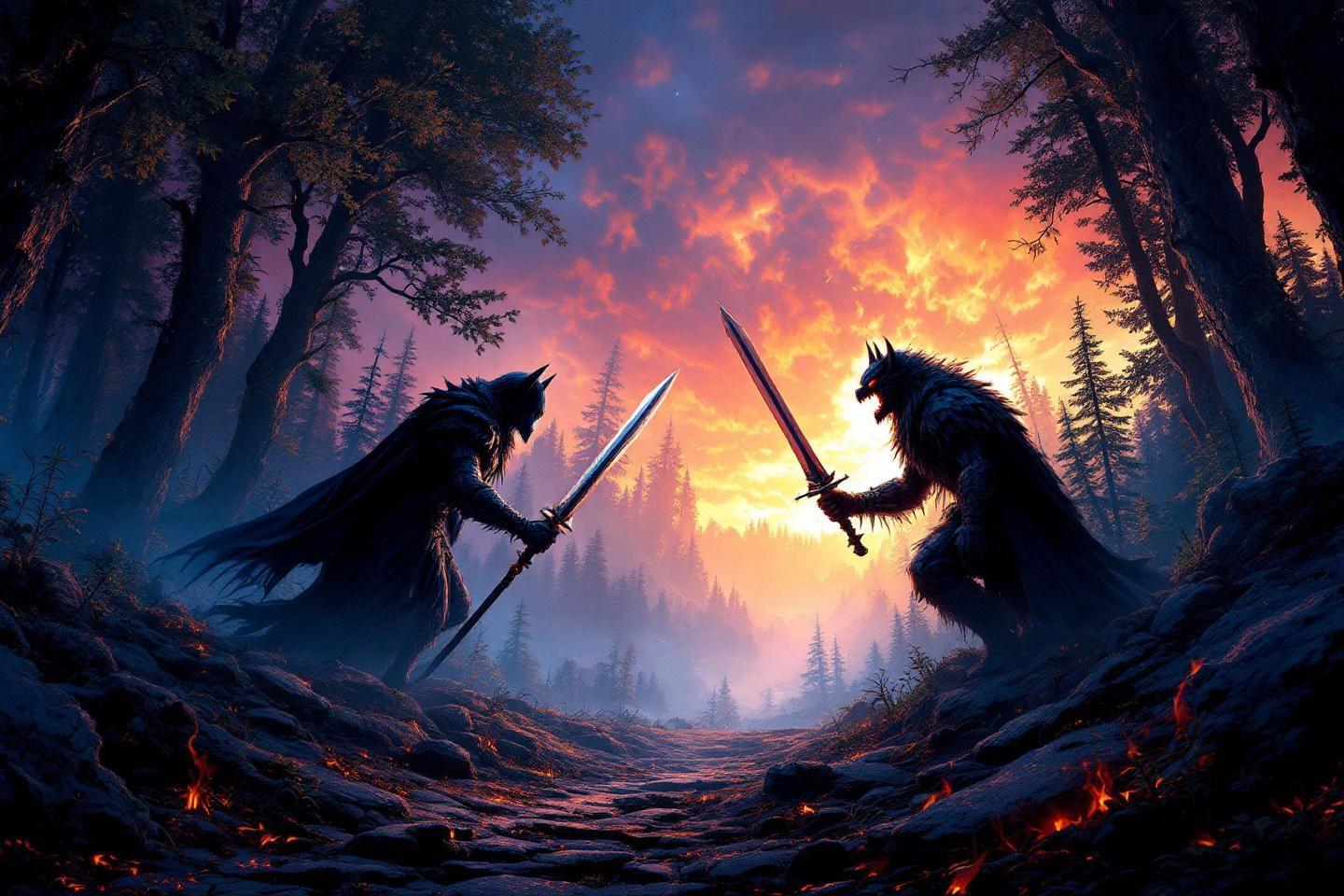 Deux cr&eacute;atures fantastiques combattant dans une for&ecirc;t en feu