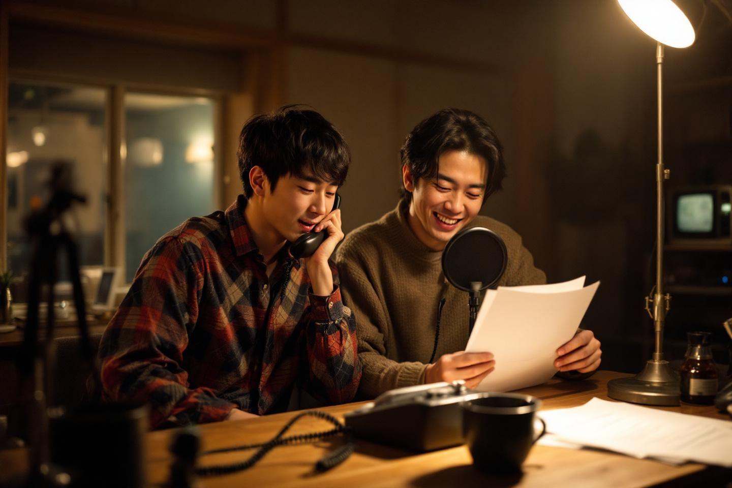 Deux jeunes hommes souriants travaillant ensemble avec micro et documents