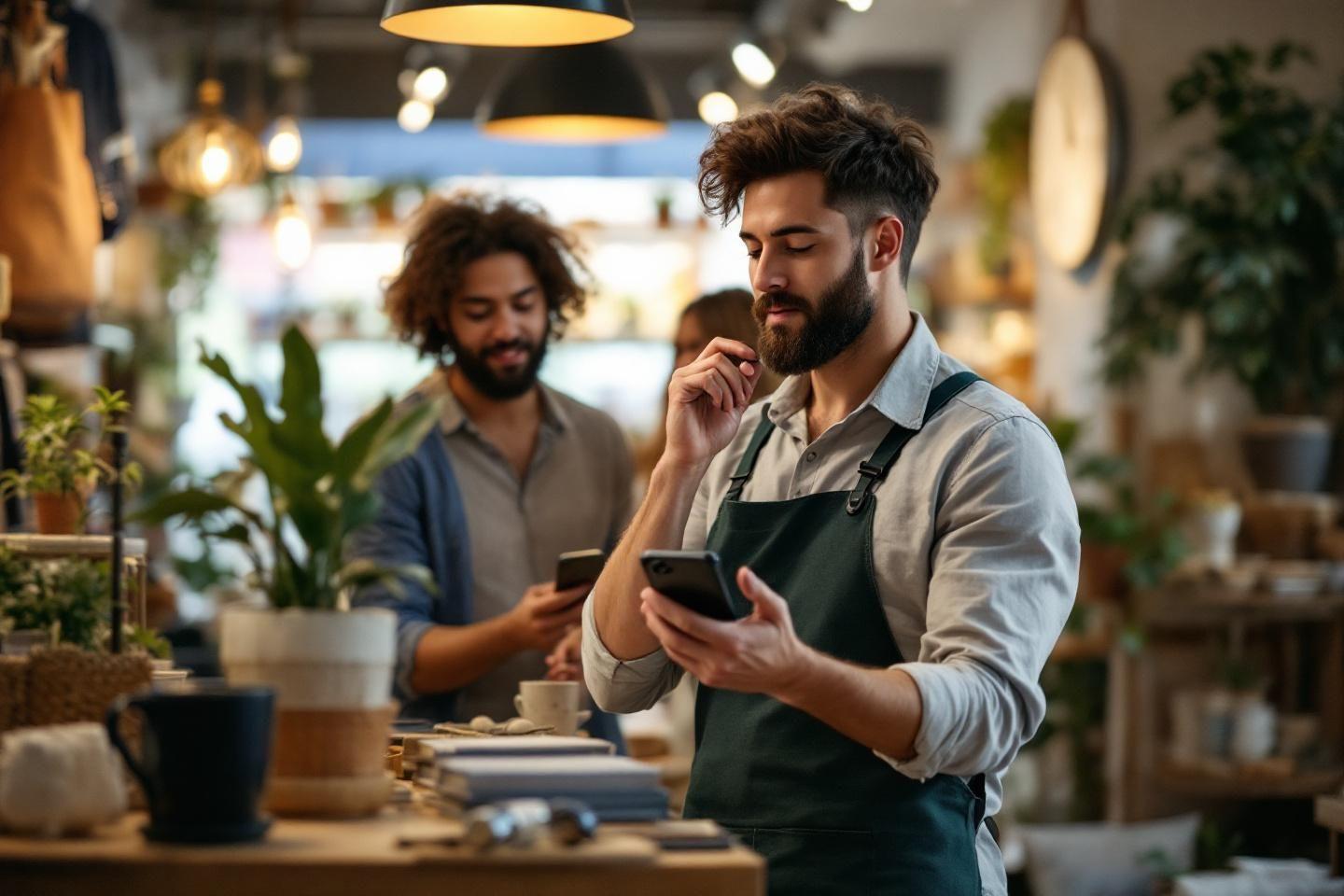 Deux hommes dans une boutique avec des plantes, travaillant sur mobile