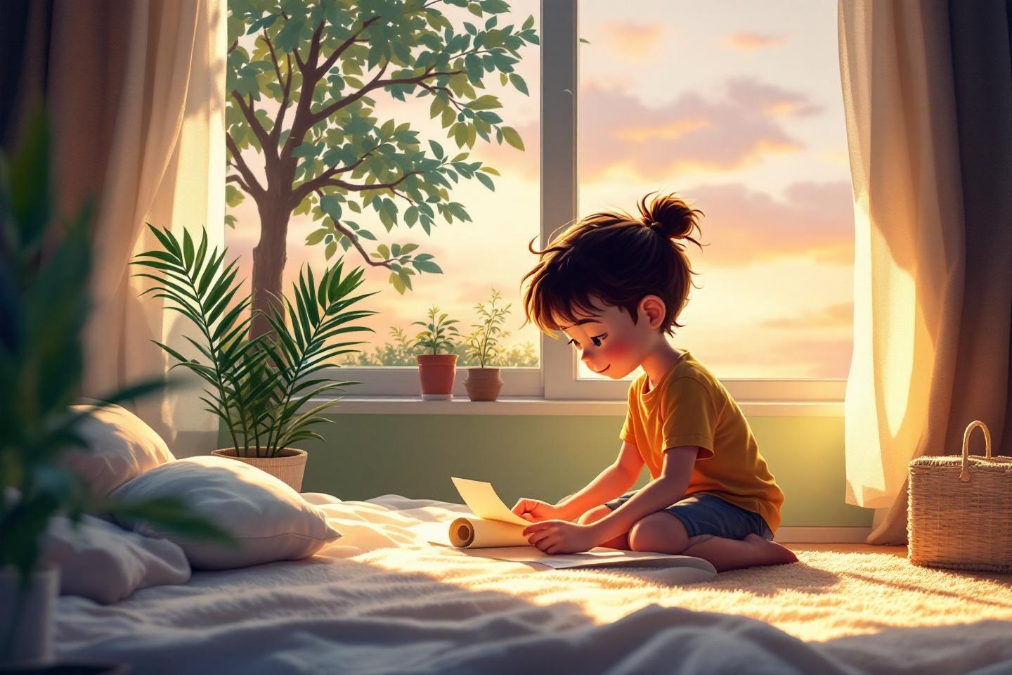 Jeune enfant dessinant pr&egrave;s d'une fen&ecirc;tre lumineuse avec des plantes