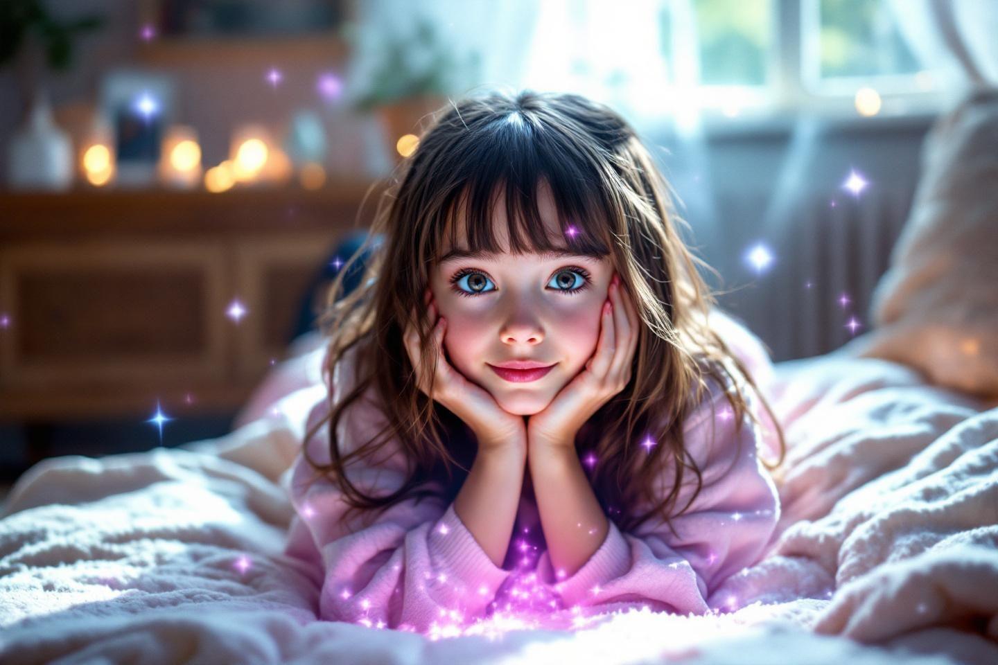 Petite fille souriante dans un environnement lumineux et enchanté