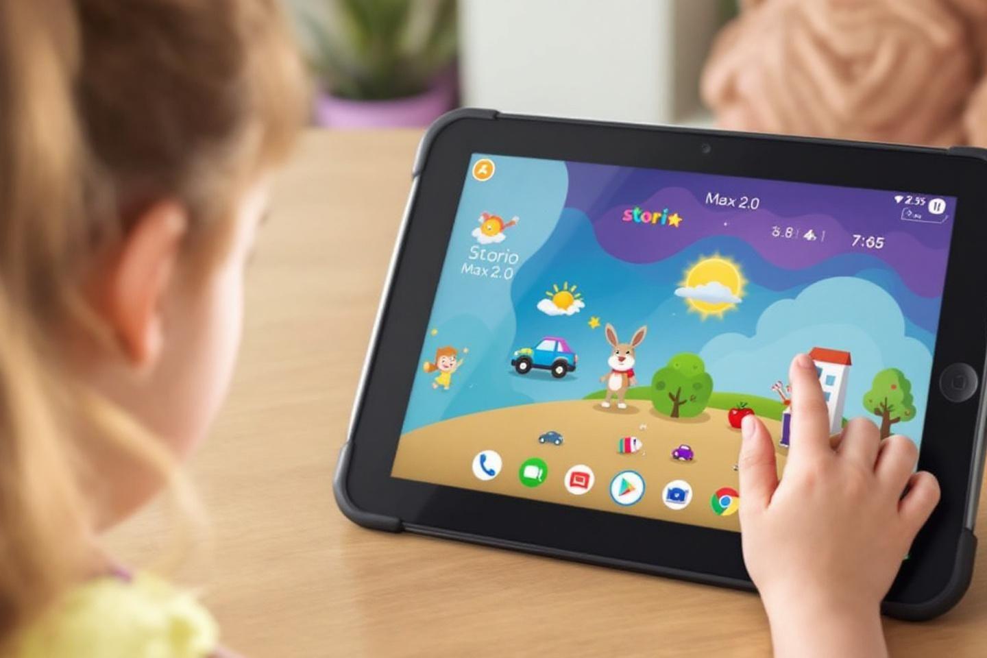 Une main d'enfant interagit avec une tablette montrant une interface ludique
