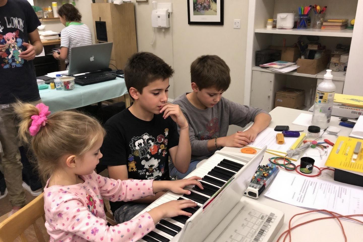 Trois jeunes &eacute;l&egrave;ves travaillant sur un clavier et des &eacute;quipements &eacute;lectroniques