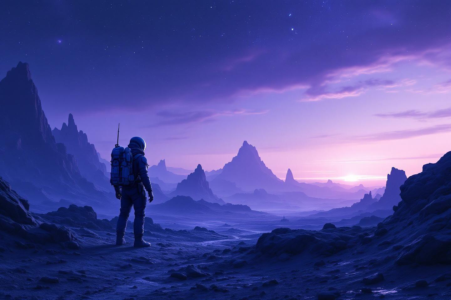 Astronaute contemple des montagnes extraterrestres violettes sous un ciel étoilé