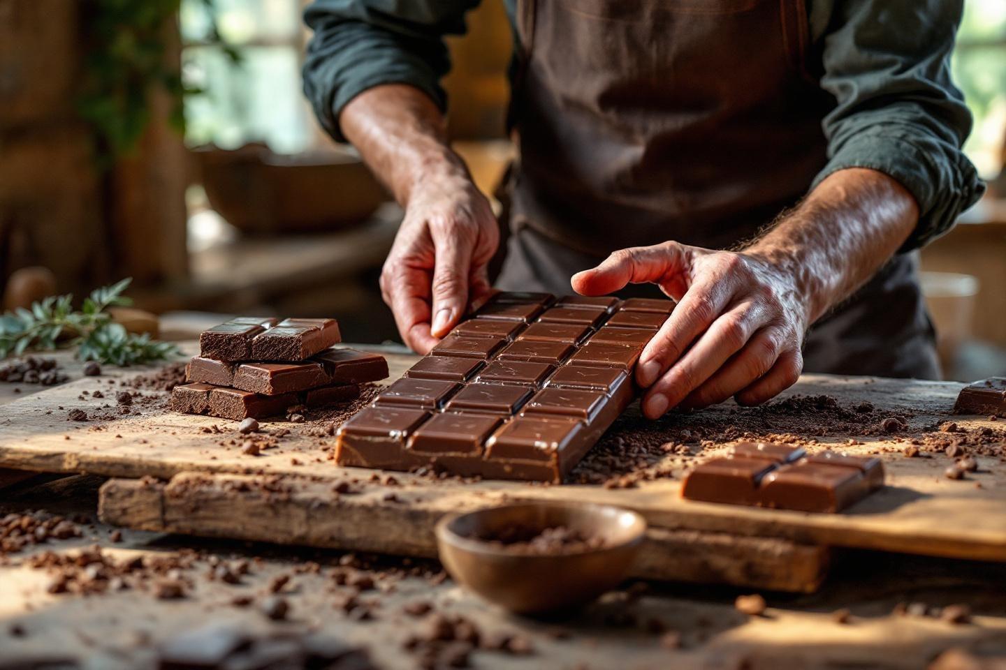 Mains travaillant des tablettes de chocolat sur une table en bois